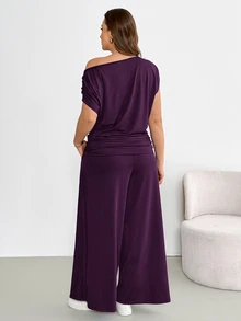 Shapeblank Plus-Size Women's Spring/Summer Fashionable Casual Stretchy Comfortable Everyday Short-Sleeved Off-Shoulder Top And Wide-Leg Pants Black Two Pieces Set,Summer Clothes,Pants Set,Airport Outfits - Purple - View 3