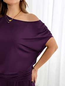 Shapeblank Plus-Size Women's Spring/Summer Fashionable Casual Stretchy Comfortable Everyday Short-Sleeved Off-Shoulder Top And Wide-Leg Pants Black Two Pieces Set,Summer Clothes,Pants Set,Airport Outfits - Purple - View 6