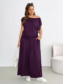Shapeblank Plus-Size Women's Spring/Summer Fashionable Casual Stretchy Comfortable Everyday Short-Sleeved Off-Shoulder Top And Wide-Leg Pants Black Two Pieces Set,Summer Clothes,Pants Set,Airport Outfits - Purple - View 4