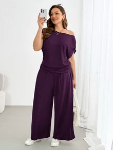 Shapeblank Plus-Size Women's Spring/Summer Fashionable Casual Stretchy Comfortable Everyday Short-Sleeved Off-Shoulder Top And Wide-Leg Pants Black Two Pieces Set,Summer Clothes,Pants Set,Airport Outfits - Purple - View 7