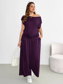 Shapeblank Plus-Size Women's Spring/Summer Fashionable Casual Stretchy Comfortable Everyday Short-Sleeved Off-Shoulder Top And Wide-Leg Pants Black Two Pieces Set,Summer Clothes,Pants Set,Airport Outfits - Purple - View 8