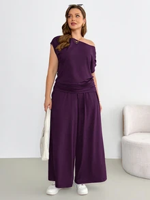 Shapeblank Plus-Size Women's Spring/Summer Fashionable Casual Stretchy Comfortable Everyday Short-Sleeved Off-Shoulder Top And Wide-Leg Pants Black Two Pieces Set,Summer Clothes,Pants Set,Airport Outfits - Purple - View 5