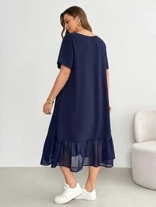 Shapeblank Plus-Size Women's Sommar Navy Blue Smart Casual Hiking Dress,Loose Comfortable Chiffon Patchwork Mid-Length Pocket Dress,Everyday Basic Style - Navy Blue - View 2