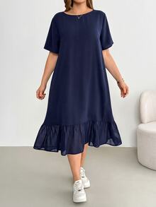 Shapeblank Plus-Size Women's Sommar Navy Blue Smart Casual Hiking Dress,Loose Comfortable Chiffon Patchwork Mid-Length Pocket Dress,Everyday Basic Style - Navy Blue - View 5