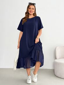Shapeblank Plus-Size Women's Sommar Navy Blue Smart Casual Hiking Dress,Loose Comfortable Chiffon Patchwork Mid-Length Pocket Dress,Everyday Basic Style - Navy Blue - View 3