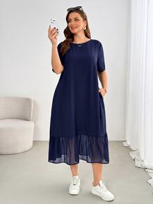 Shapeblank Plus-Size Women's Sommar Navy Blue Smart Casual Hiking Dress,Loose Comfortable Chiffon Patchwork Mid-Length Pocket Dress,Everyday Basic Style - Navy Blue - View 4