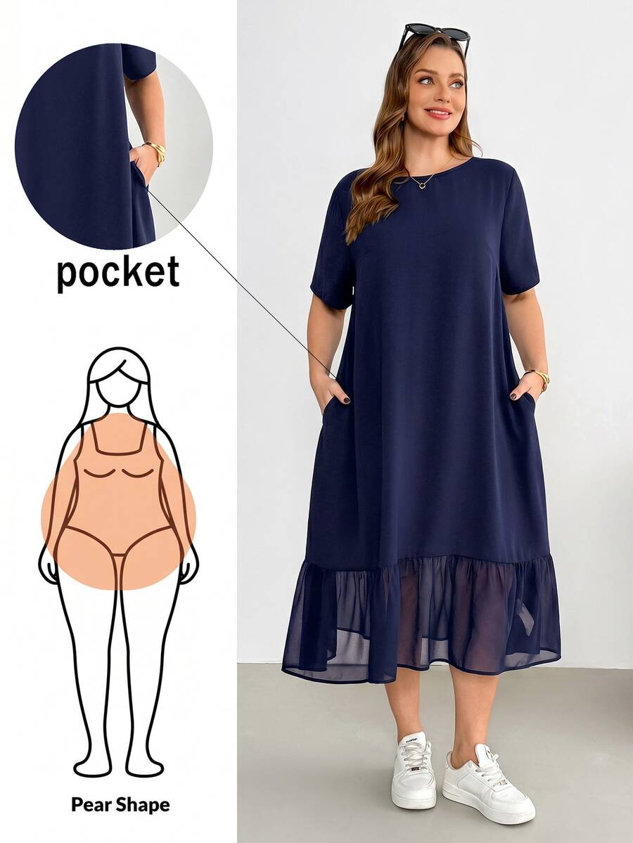 Shapeblank Plus-Size Women's Sommar Navy Blue Smart Casual Hiking Dress,Loose Comfortable Chiffon Patchwork Mid-Length Pocket Dress,Everyday Basic Style - Navy Blue - View 1