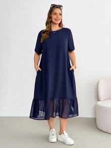 Shapeblank Plus-Size Women's Sommar Navy Blue Smart Casual Hiking Dress,Loose Comfortable Chiffon Patchwork Mid-Length Pocket Dress,Everyday Basic Style - Navy Blue - View 7