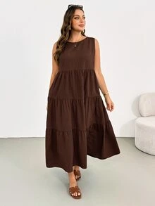 Shapeblank Plus Size Women's Solid Color Round Neck Sleeveless Pocket Casual Smart Casual Dress Vacation Brown Summer - Brown - View 6