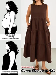 Shapeblank Plus Size Women's Solid Color Round Neck Sleeveless Pocket Casual Smart Casual Dress Vacation Brown Summer - Brown - View 9