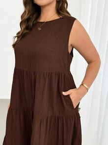 Shapeblank Plus Size Women's Solid Color Round Neck Sleeveless Pocket Casual Smart Casual Dress Vacation Brown Summer - Brown - View 7