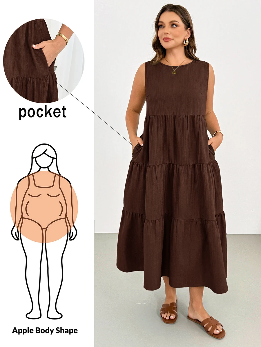 Shapeblank Plus Size Women's Solid Color Round Neck Sleeveless Pocket Casual Smart Casual Dress Vacation Brown Summer