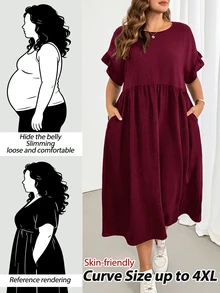 Shapeblank Plus Size Women's Solid Color Round Neck Ruched Pocket Casual Everyday Dress Brunch Formal Burgundy Summer - Burgundy - View 10