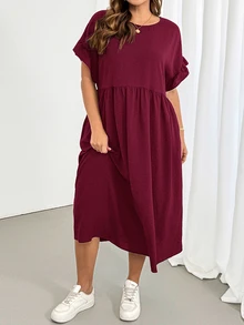 Shapeblank Plus Size Women's Solid Color Round Neck Ruched Pocket Casual Everyday Dress Brunch Formal Burgundy Summer - Burgundy - View 6