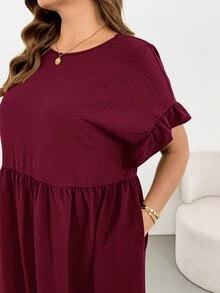Shapeblank Plus Size Women's Solid Color Round Neck Ruched Pocket Casual Everyday Dress Brunch Formal Burgundy Summer - Burgundy - View 7