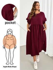 Shapeblank Plus Size Women's Solid Color Round Neck Ruched Pocket Casual Everyday Dress Brunch Formal Burgundy Summer - Burgundy - View 2