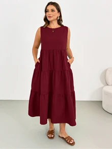 Shapeblank Plus Size Summer Casual Traditional Boho Solid Color Sleeveless Dress Vacation Burgundy - Burgundy - View 4