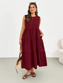 Shapeblank Plus Size Summer Casual Traditional Boho Solid Color Sleeveless Dress Vacation Burgundy - Burgundy - View 3