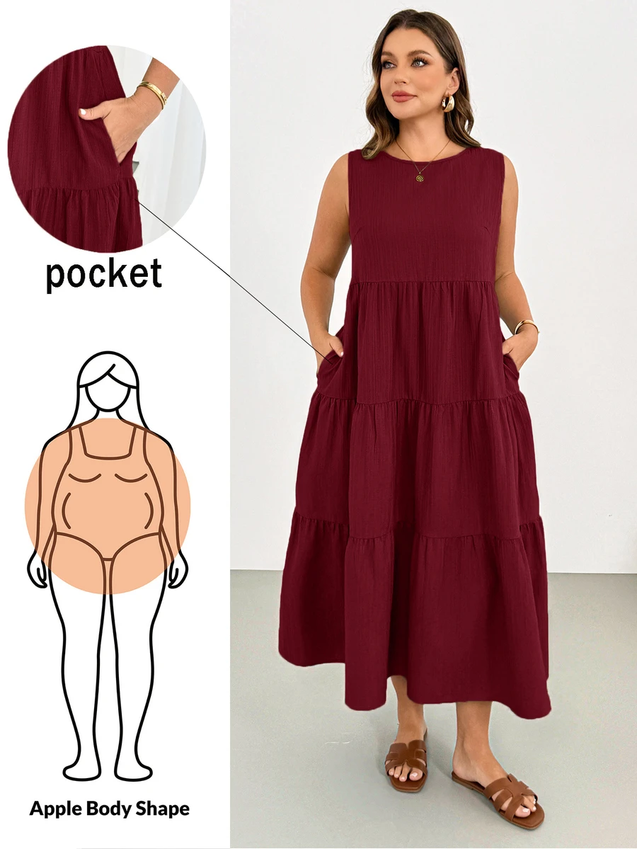 Shapeblank Plus Size Summer Casual Traditional Boho Solid Color Sleeveless Dress Vacation Burgundy - Burgundy - View 1