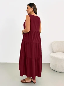 Shapeblank Plus Size Summer Casual Traditional Boho Solid Color Sleeveless Dress Vacation Burgundy - Burgundy - View 2