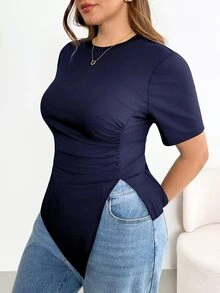 Shapeblank Plus Size Women's Summer Navy Blue Smart Casual Everyday Versatile Stretchy Ruched Waist Asymmetric Hem Short Sleeve T-Shirt, Curve Tops - Navy Blue - View 4