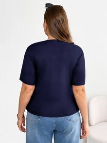 Shapeblank Plus Size Women's Summer Navy Blue Smart Casual Everyday Versatile Stretchy Ruched Waist Asymmetric Hem Short Sleeve T-Shirt, Curve Tops - Navy Blue - View 2