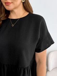 Shapeblank Women's Plus-Size Black Summer Smart Casual Formal Short-Sleeved Babydoll Shirt,Solid Color Loose Comfortable Ruffle Blouse,Family Simple Office - Black - View 8