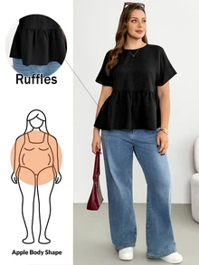 Shapeblank Women's Plus-Size Black Summer Smart Casual Formal Short-Sleeved Babydoll Shirt,Solid Color Loose Comfortable Ruffle Blouse,Family Simple Office - Black - View 2