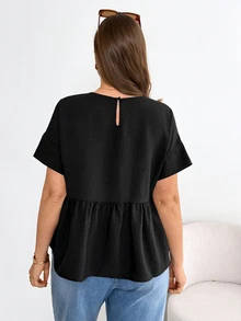 Shapeblank Women's Plus-Size Black Summer Smart Casual Formal Short-Sleeved Babydoll Shirt,Solid Color Loose Comfortable Ruffle Blouse,Family Simple Office - Black - View 3
