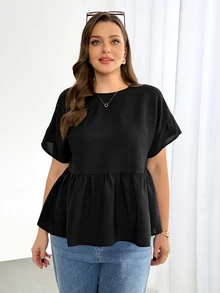 Shapeblank Women's Plus-Size Black Summer Smart Casual Formal Short-Sleeved Babydoll Shirt,Solid Color Loose Comfortable Ruffle Blouse,Family Simple Office - Black - View 4
