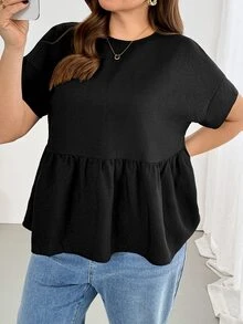 Shapeblank Women's Plus-Size Black Summer Smart Casual Formal Short-Sleeved Babydoll Shirt,Solid Color Loose Comfortable Ruffle Blouse,Family Simple Office - Black - View 6