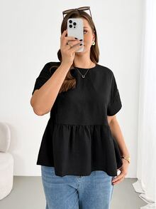 Shapeblank Women's Plus-Size Black Summer Smart Casual Formal Short-Sleeved Babydoll Shirt,Solid Color Loose Comfortable Ruffle Blouse,Family Simple Office - Black - View 5