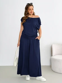 Shapeblank Plus-Size Women's Summer Smart Casual Navy Blue Two Pieces Set,Fashionable Stretchy Off-Shoulder Short-Sleeved Top&Wide-Leg Pants Vacation Outfit - Navy Blue - View 4