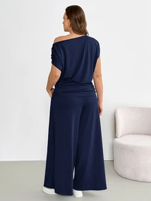 Shapeblank Plus-Size Women's Summer Smart Casual Navy Blue Two Pieces Set,Fashionable Stretchy Off-Shoulder Short-Sleeved Top&Wide-Leg Pants Vacation Outfit - Navy Blue - View 3