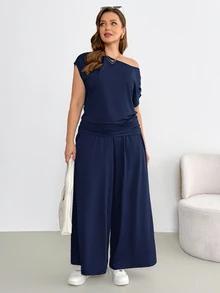 Shapeblank Plus-Size Women's Summer Smart Casual Navy Blue Two Pieces Set,Fashionable Stretchy Off-Shoulder Short-Sleeved Top&Wide-Leg Pants Vacation Outfit - Navy Blue - View 5