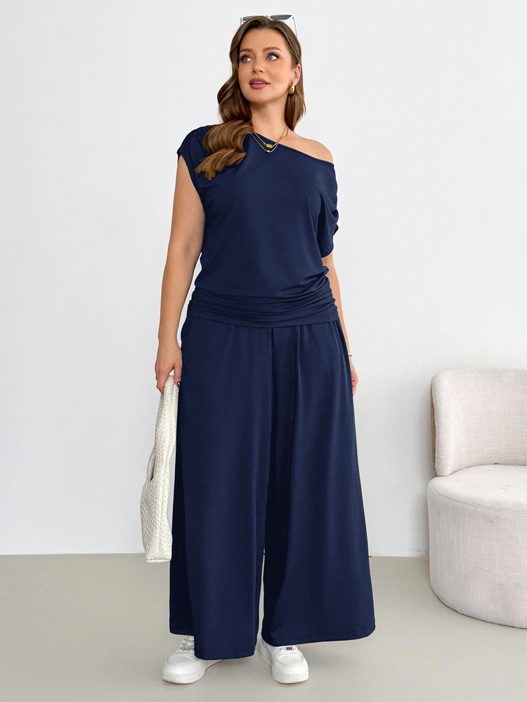 Shapeblank Plus-Size Women's Summer Smart Casual Navy Blue Two Pieces Set,Fashionable Stretchy Off-Shoulder Short-Sleeved Top&Wide-Leg Pants Vacation Outfit - Navy Blue - View 4