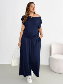 Shapeblank Plus-Size Women's Summer Smart Casual Navy Blue Two Pieces Set,Fashionable Stretchy Off-Shoulder Short-Sleeved Top&Wide-Leg Pants Vacation Outfit - Navy Blue - View 8