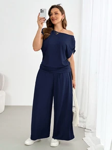 Shapeblank Plus-Size Women's Summer Smart Casual Navy Blue Two Pieces Set,Fashionable Stretchy Off-Shoulder Short-Sleeved Top&Wide-Leg Pants Vacation Outfit - Navy Blue - View 7