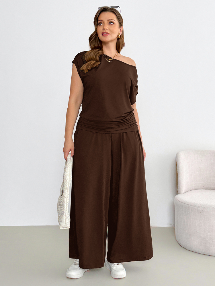 Shapeblank Plus-Size Women's Brown Summer Casual 2 Pieces Set, Short-Sleeved Shoulder Top Wide-Leg Pants, Vacation Outfits Formal Going Out - Brown - View 4