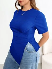 Shapeblank 大尺碼女款皇家藍夏季休閒優雅短袖T恤，彈性舒適不對稱下擺抓皺收腰修身上衣，適合早午餐與正式場合 - 寶藍色 - 查看 4
