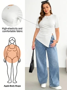 Shapeblank 大尺碼女款夏季時尚休閒彈性修身不對稱下擺抓皺腰部T恤 - 白色 - 查看 2
