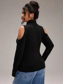 EMERY ROSE Plus Size Women Solid Color High Neck Cold Shoulder Long Sleeve Slim Fit T-Shirt - Grey - View 7