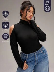 EMERY ROSE Plus Size Women Solid Color High Neck Cold Shoulder Long Sleeve Slim Fit T-Shirt - Grey - View 1
