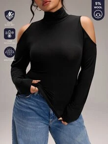 EMERY ROSE Plus Size Women Solid Color High Neck Cold Shoulder Long Sleeve Slim Fit T-Shirt - Grey - View 3