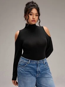 EMERY ROSE Plus Size Women Solid Color High Neck Cold Shoulder Long Sleeve Slim Fit T-Shirt - Grey - View 6