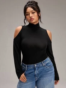 EMERY ROSE Plus Size Women Solid Color High Neck Cold Shoulder Long Sleeve Slim Fit T-Shirt - Grey - View 4