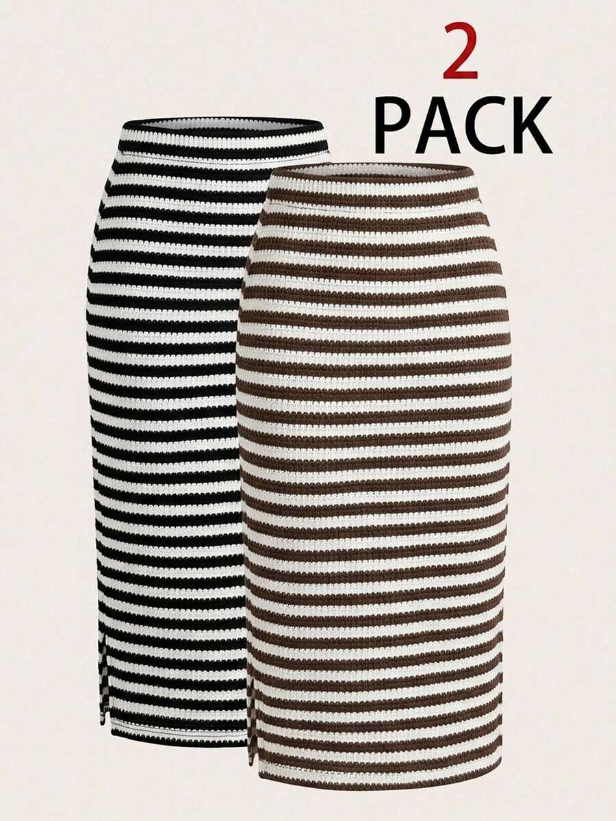 SHEIN LUNE 2PCS Women Mid-Waist Striped Color-Block Knit Pencil Skirt (Black & Brown)Elegant,Slim-Fit,Knee-Length,Slit Design;Suitable For Work Or Back-To-School - Multicolor - View 1