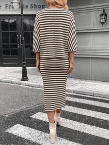 SHEIN LUNE 女款紋理條紋棕色與白色針織蝙蝠袖圓領T恤與中長鉛筆裙兩件式休閒套裝，秋冬款 - 彩色 - 查看 2