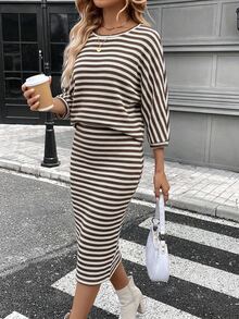 SHEIN LUNE 女款紋理條紋棕色與白色針織蝙蝠袖圓領T恤與中長鉛筆裙兩件式休閒套裝，秋冬款 - 彩色 - 查看 1