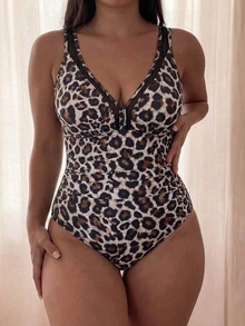 SHEIN Swim 女款大尺碼豹紋連身泳衣,附網格拼接設計,棕色收腰款式,適合海灘度假、泳池派對與熱帶之旅 - 彩色 - 查看 5